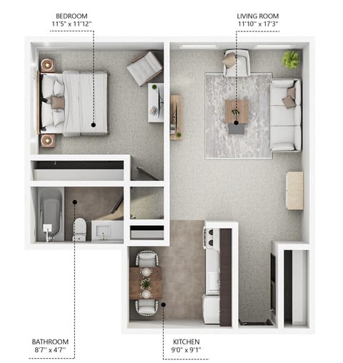Floor plan for 1 bed, 1 bath, 650 sqft